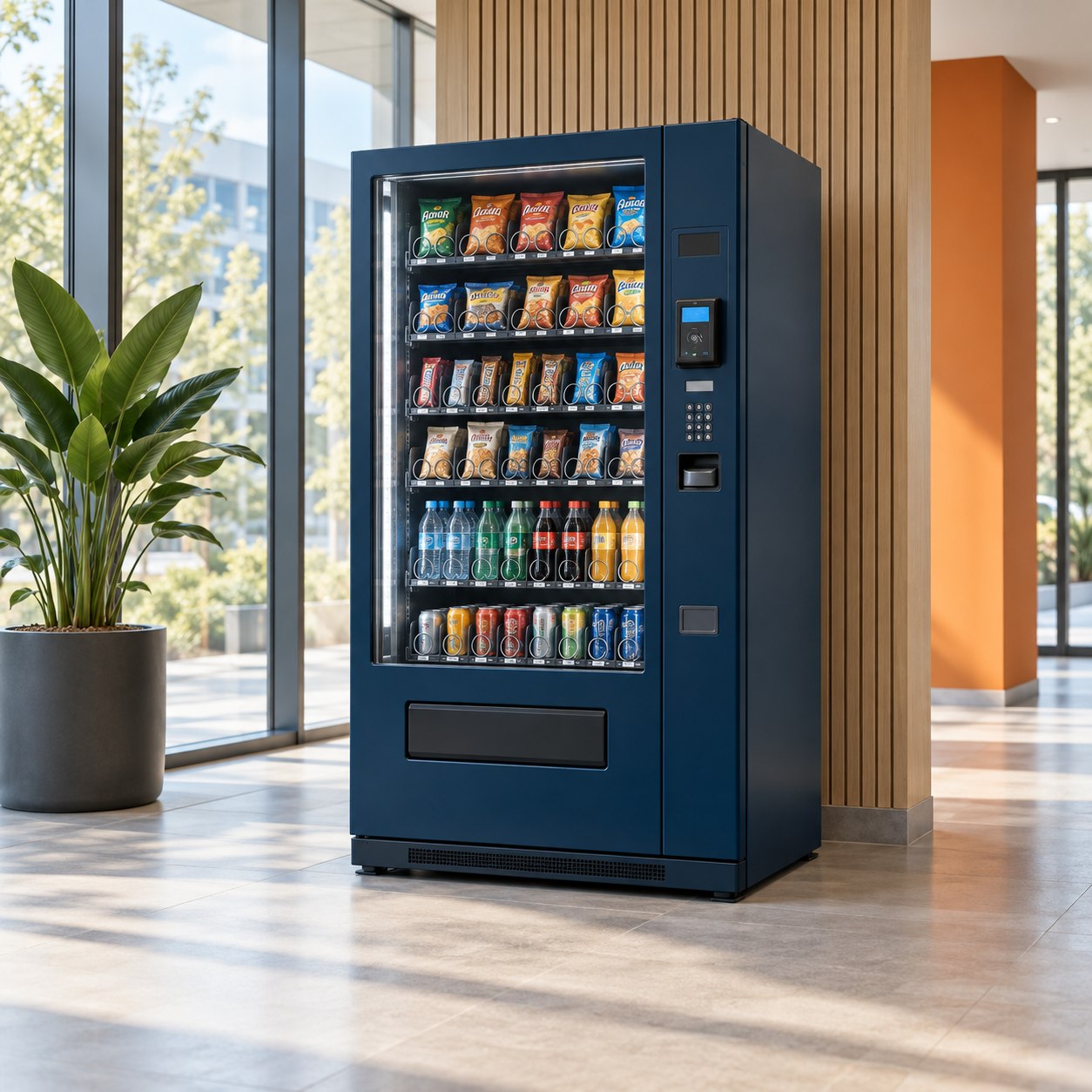 KI-Visualisierung: moderner blauer Snack- und Getränkeautomat in einem hellen Eingangsbereich